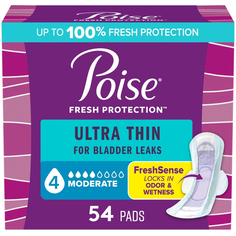 Poise Ultra Thin Incontinence Postpartum Pads with Wings for Bladder Leaks 4 Drop Moderate Absorbency Regular Length 54 Count Packaging May Vary